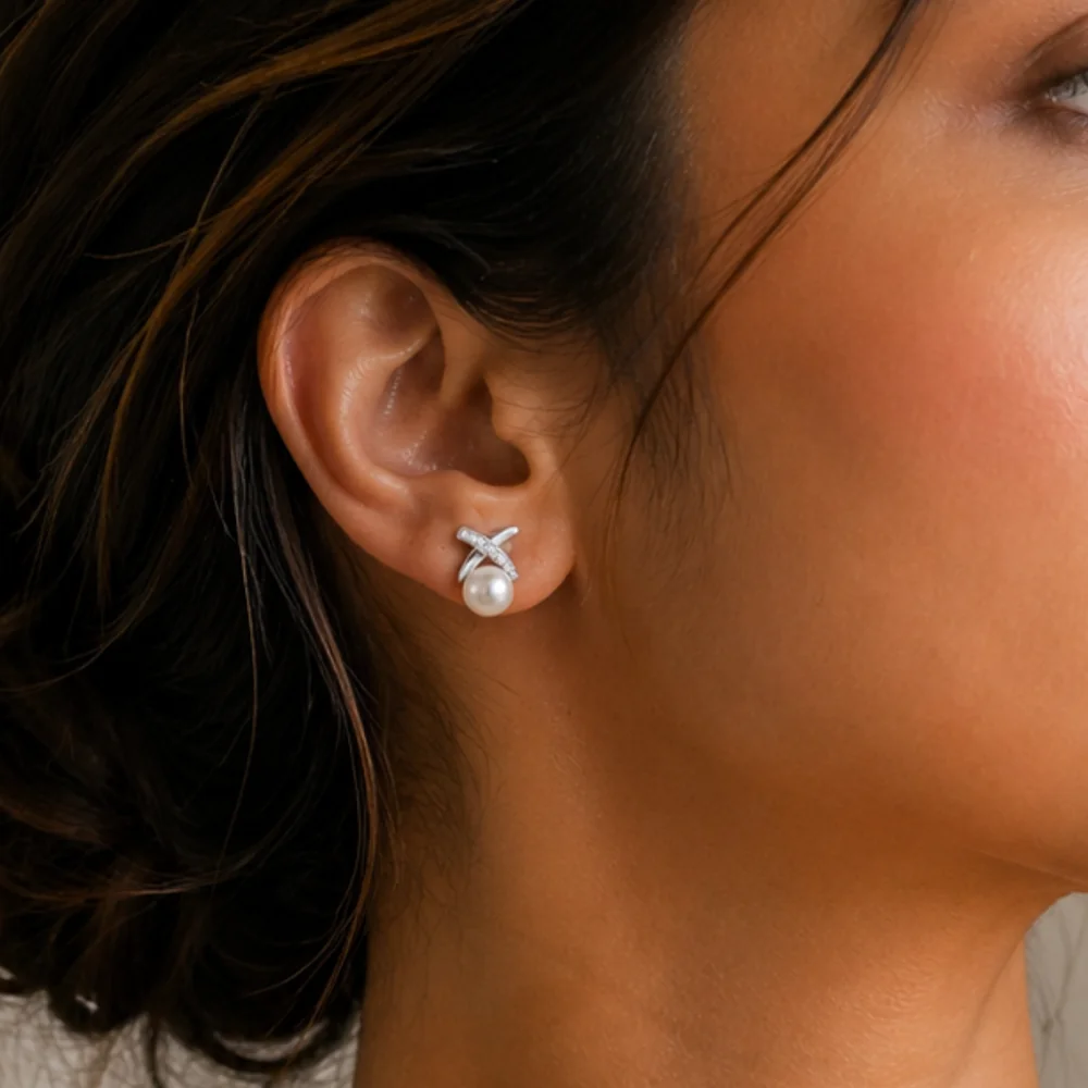 Tavira 92.5 Silver Moissanite Cross over Pearl Earrings - Fresh Eggless Cake Delivery | TF Cakes (View 3)